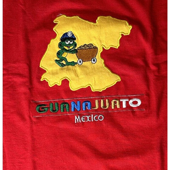 Vintage 1990s Guanajuato Mexico Red Embroidered Frog T-Shirt Logical Vision Sz L - Picture 2 of 6